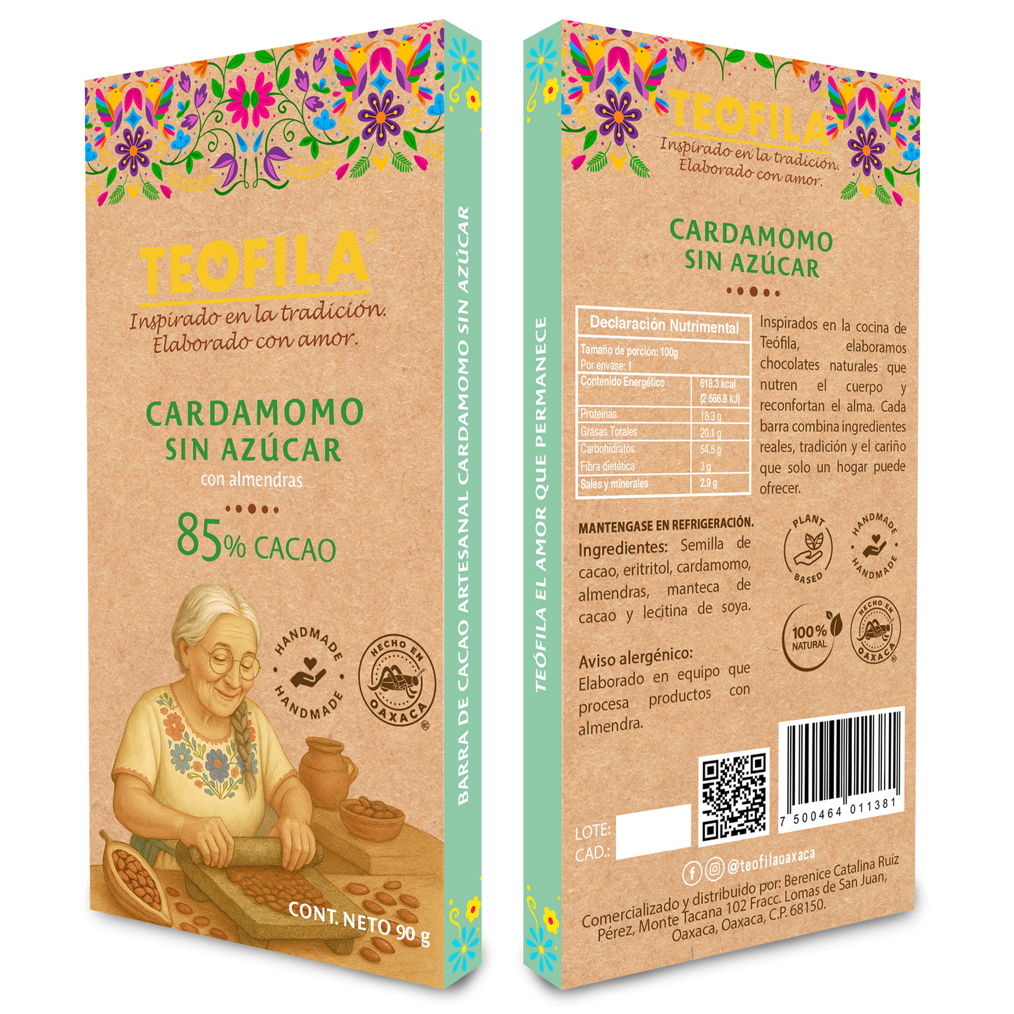 Barra de Cacao con Cardamomo y Almendras – Sin Azúcar, 90g