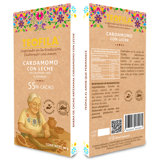 Barra de Cacao Cardamomo con Leche 90g – Cacahuate, Nuez, Arándano y Sal de Mar