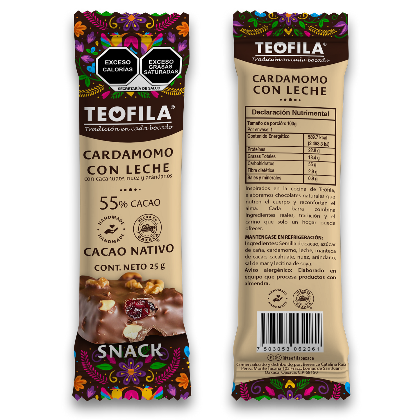 Barra de Cacao Cardamomo con Leche 25g – Cacahuate, Nuez, Arándano y Sal de Mar