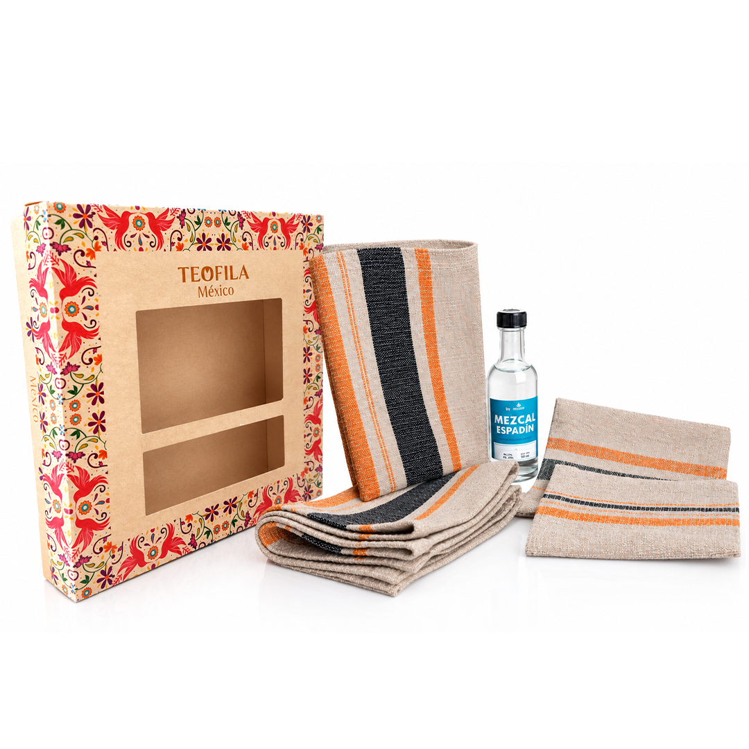 Kit Teófila México con mezcal de 50 ml y textiles mexicanos para una presentación especial.