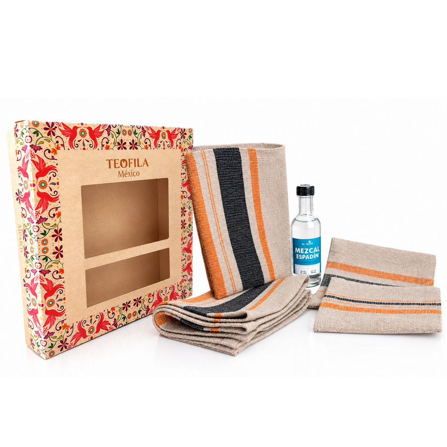 Kit Teófila México con mezcal de 50 ml y textiles mexicanos para una presentación especial.
